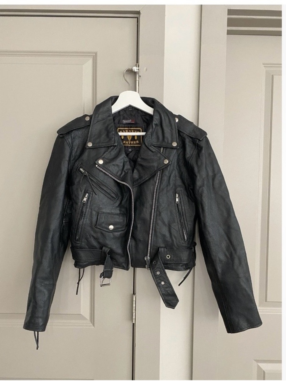 Black Leather Biker Jacket with Belted Waist